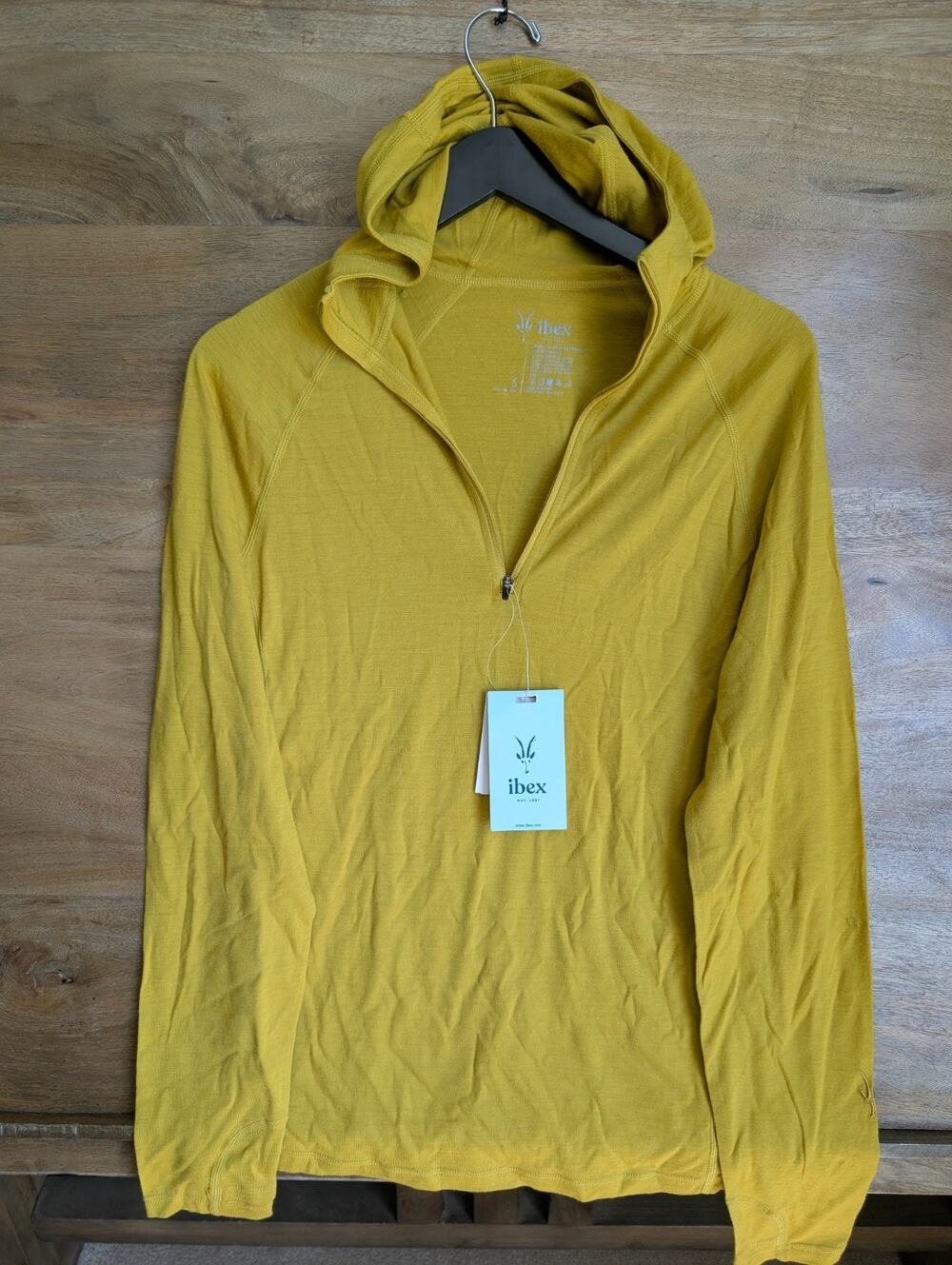 NWT Ibex Sophora Japonica 1/2 Zip Pullover Womens S Yellow Merino Wool Hooded